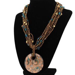 Vintage Blue & Copper Glass Necklace Boho Pendant Multi Strand Adjustable Length